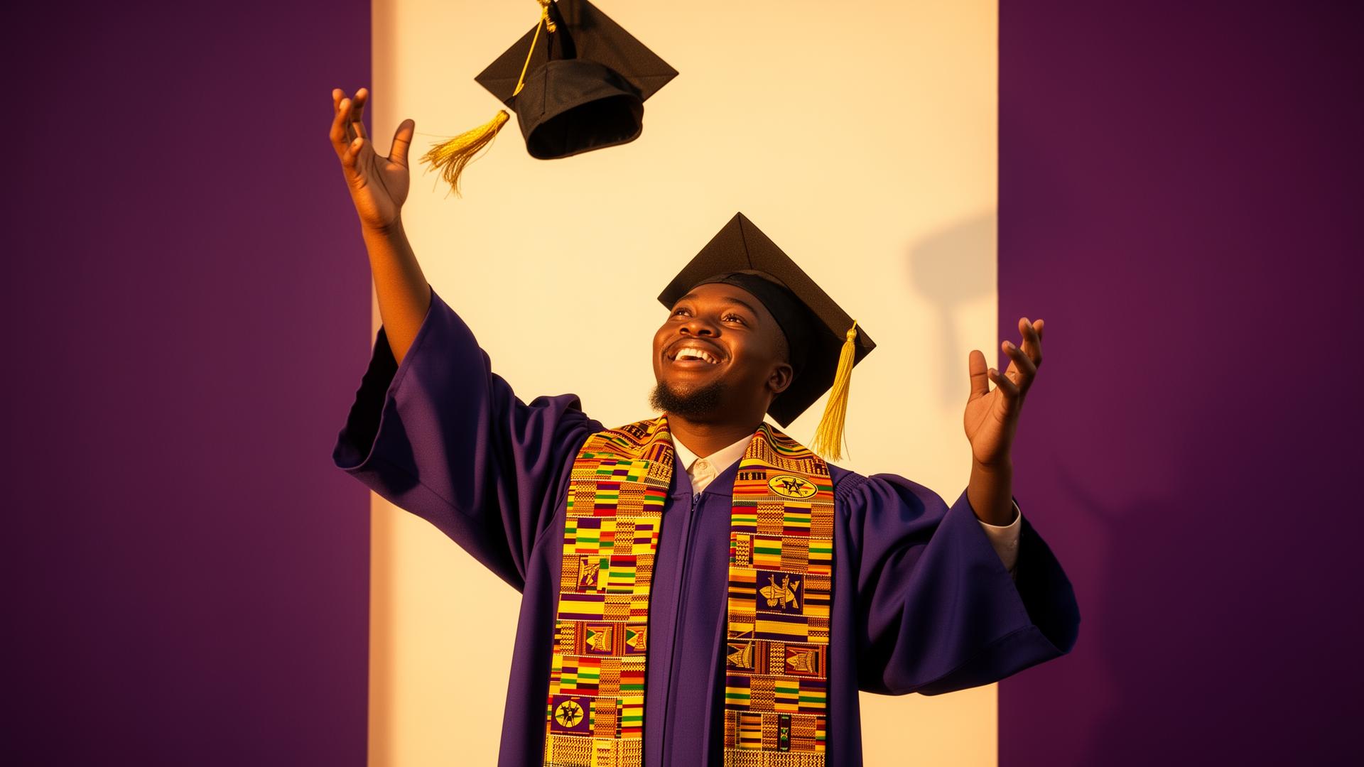 Graduate celebrating in Kente stole